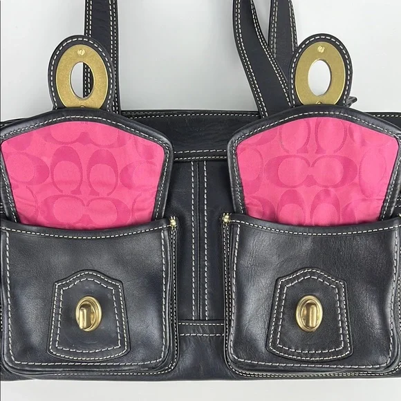 RARE Coach Legacy Collection Black Hot Pink Leather Brass Satchel Shoulder Bag - Picture 10 of 16